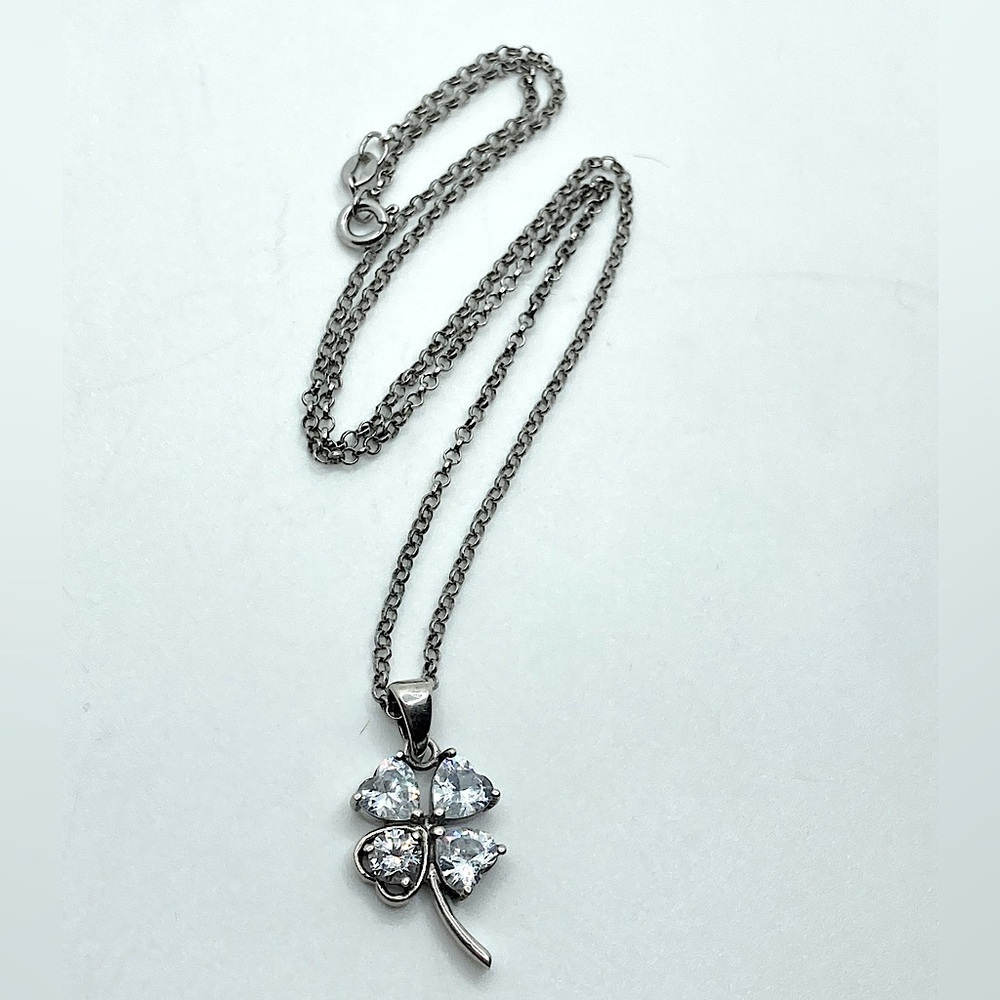 Sterling Four Leaf Clover Heart Shamrock Pendant w 925 Chain 18” + 1.1” Pendant